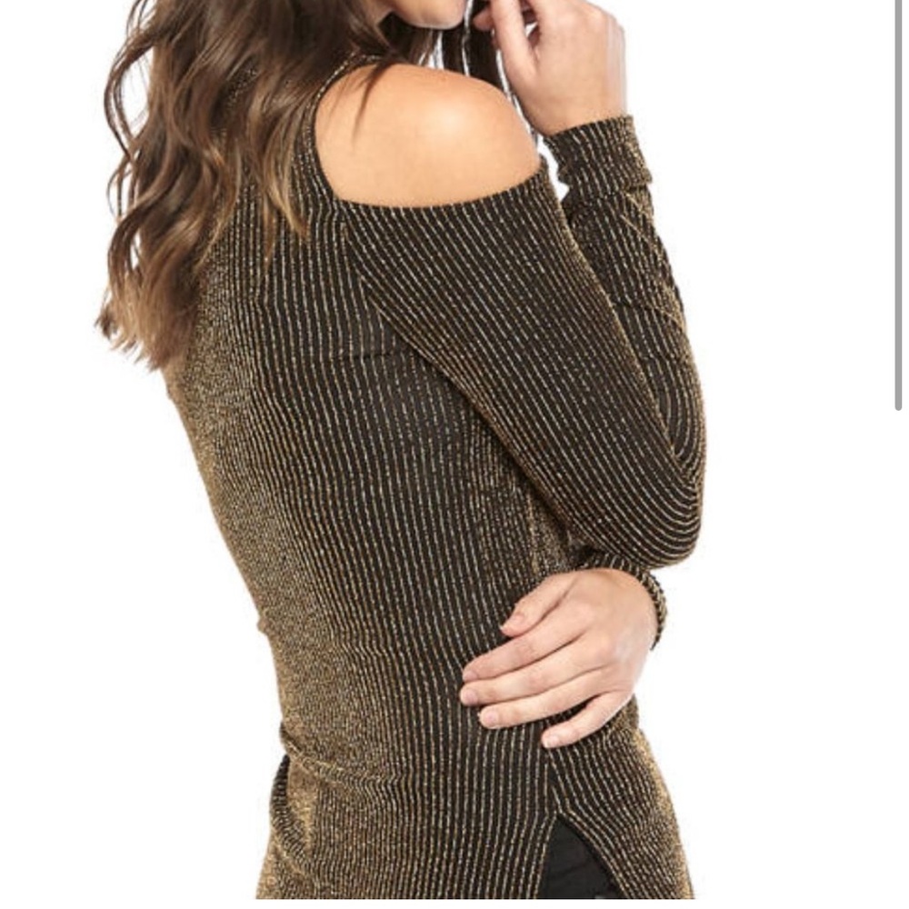 Michael Kors Black + Gold Stripe Long Sleeve Cold Shoulder Top, SM